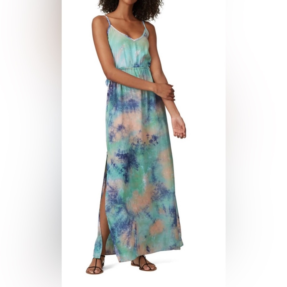 LOUNA Blue & Green Tie Dye Circle Cut Outs Mid Waist Mid Slit Maxi Dress size XL